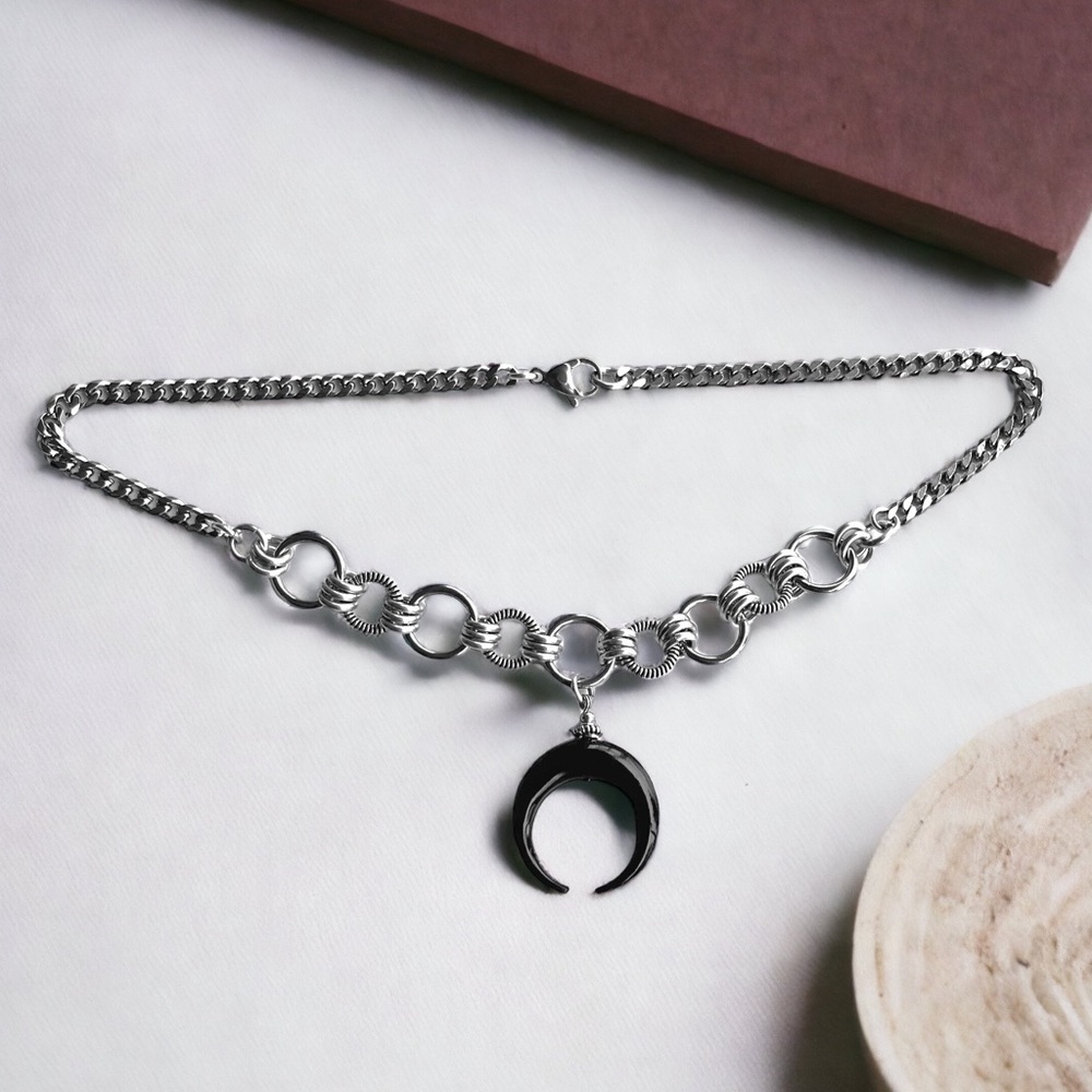 stainless steel necklace cuban chain black buffalo horn crescent moon charm - Picture 7 of 10